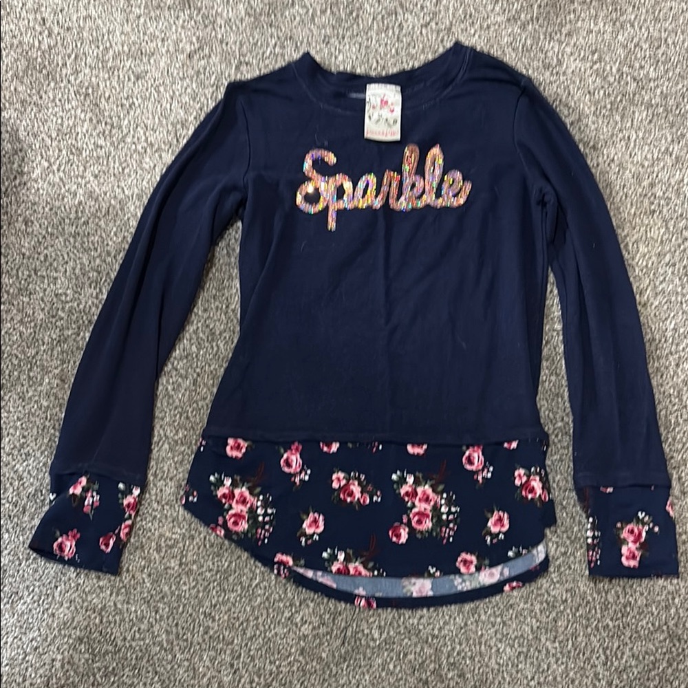 Blue and Pink Long Sleeve Layered Tee with Floral Design